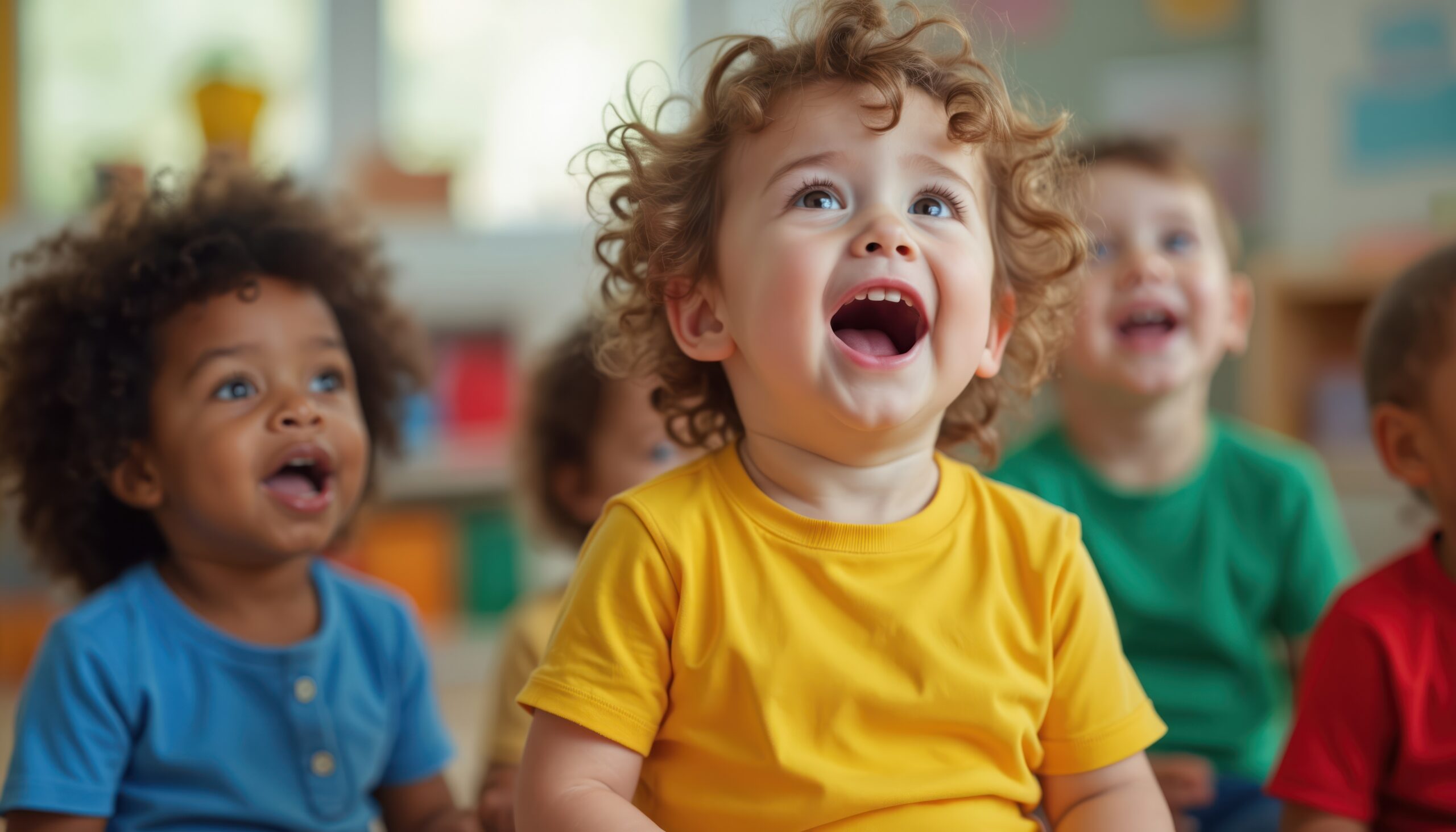 Un bambino piccolo canta a bocca aperta insieme ad altri bambini durante la propedeutica musicale