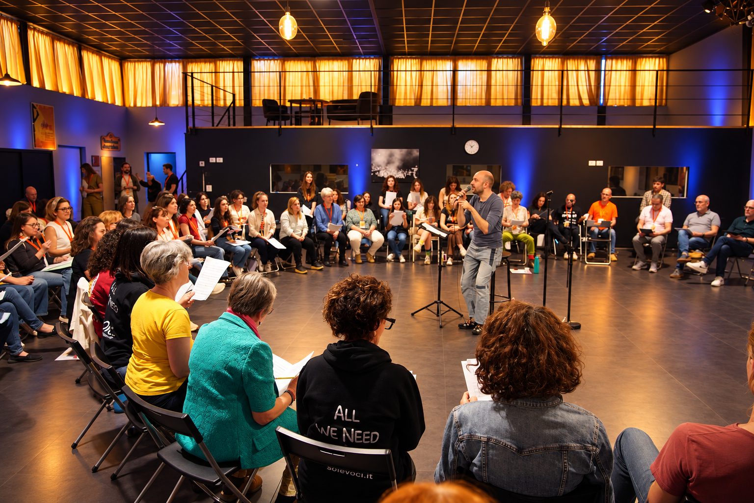 Partecipanti in cerchio durante un laboratorio di canto collettivo DoveSiCanta alla Solevoci Factory di Varese