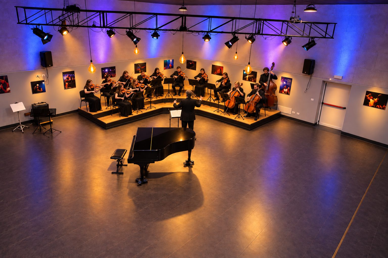 Orchestra d'archi in prova con direttore sul palco della Solevoci Factory a Varese, con pianoforte a coda e impianto luci su americana