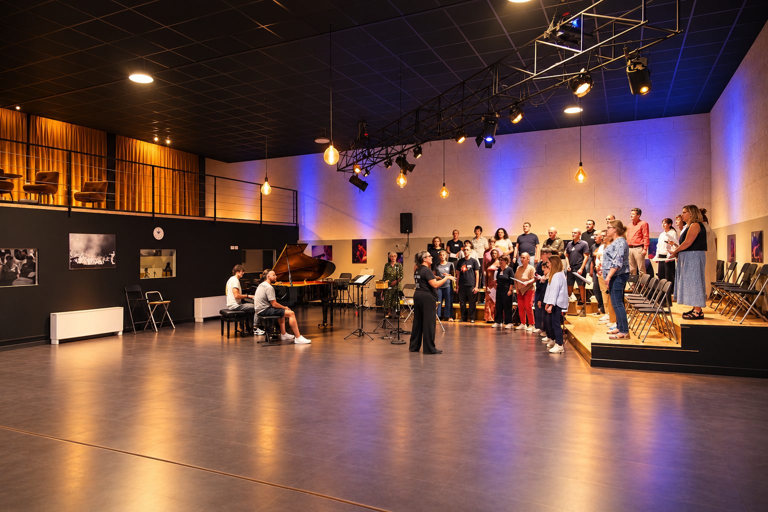 Coro in prova sul palco modulare della Solevoci Factory a Varese durante una residenza, con pianista al pianoforte a coda
