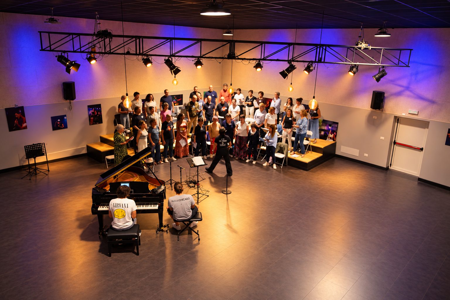 La sala prove della Solevoci Factory a Varese vista d'insieme, con pianoforte a coda, palco modulare curvilineo e luci sceniche