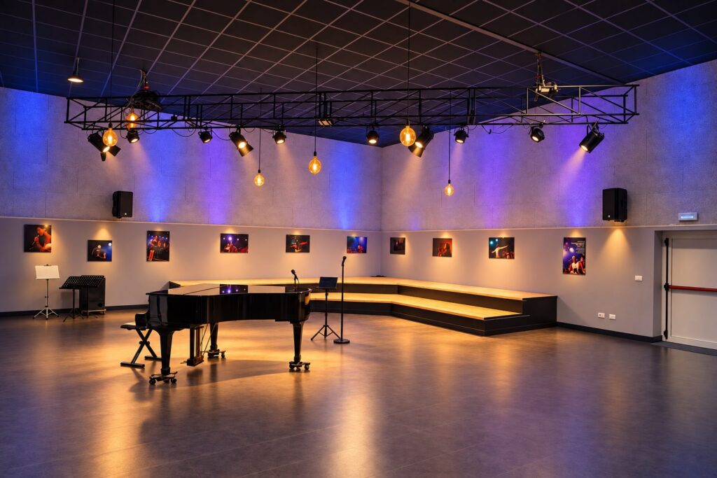 Sala prove Solevoci Factory a Varese: 250 mq con pianoforte a coda, palco modulare e luci ambra