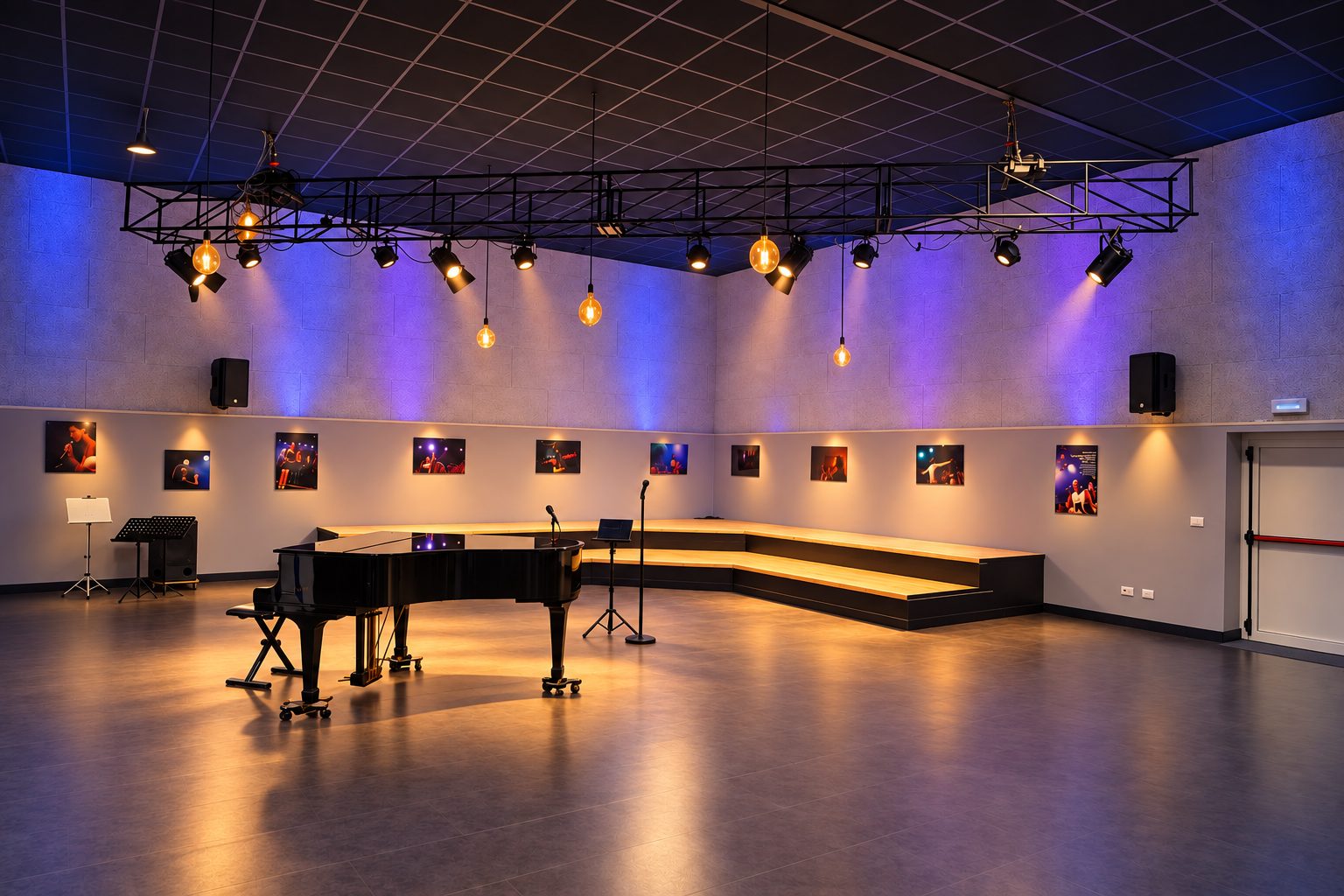 Sala prove Solevoci Factory a Varese: 250 mq con pianoforte a coda, palco modulare e luci ambra