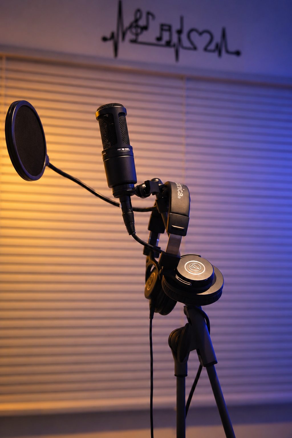 Postazione di registrazione podcast alla Solevoci Factory di Varese: microfono da studio con filtro anti-pop e cuffie